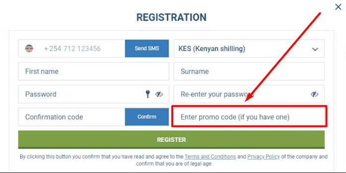 Promo code field during 1xBet registration.